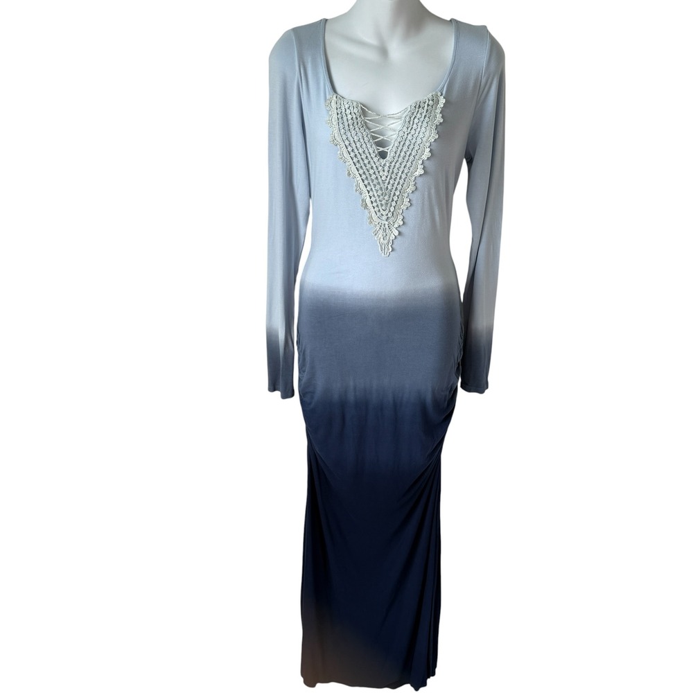 Venus Ruched Maxi Dress Women Sz M Blue Ombre Crochet Long Coastal Mermaidcore - Picture 1 of 16